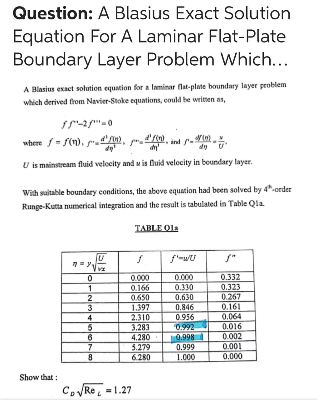 Question: A Blasius Exact Solution
Equation For A Laminar Flat-Plate
Boundary Layer Problem Which...
A Blasius exact solution equation for a laminar flat-plate boundary layer problem
which derived from Navier-Stoke equations, could be written as,
ff"-2f"'=0
where f = f(n), =d'fm),
dn?
d'f(n).
df (N) =-
,and f'=-
dn'
dn
U is mainstream fluid velocity and u is fluid velocity in boundary layer.
With suitable boundary conditions, the above equation had been solved by 4th-order
Runge-Kutta numerical integration and the result is tabulated in Table Qla.
TABLE Qla
f'=w/U
f"
7 = y,
VX
0.000
0.000
0.332
0.323
0.267
1
0.166
0.330
0.630
0.846
0.956
0.992
0.998
0.650
1.397
2.310
3.283
0.161
0.064
3
4
0.016
0.002
6
7
4.280
0.001
5.279
6.280
0.999
1.000
0.000
Show that :
CoRe , = 1.27
%3D
