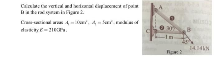 Calculate the vertical and horizontal displacement of point
B in the rod system in Figure 2.
Cross-sectional areas 4,=10cm², 4₂ = 5cm², modulus of
elasticity E= 210GPa.
C
A
1
2 30%
1m
Figure 2
B
MÜSŐO
14.14 kN