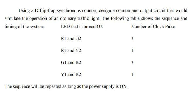 Using a D flip-flop synchronous counter, design a counter and output circuit that would
simulate the operation of an ordinary traffic light. The following table shows the sequence and
timing of the system:
LED that is turned ON
Number of Clock Pulse
Rl and G2
3
R1 and Y2
1
Gl and R2
3
Yl and R2
1
The sequence will be repeated as long as the power supply is ON.
