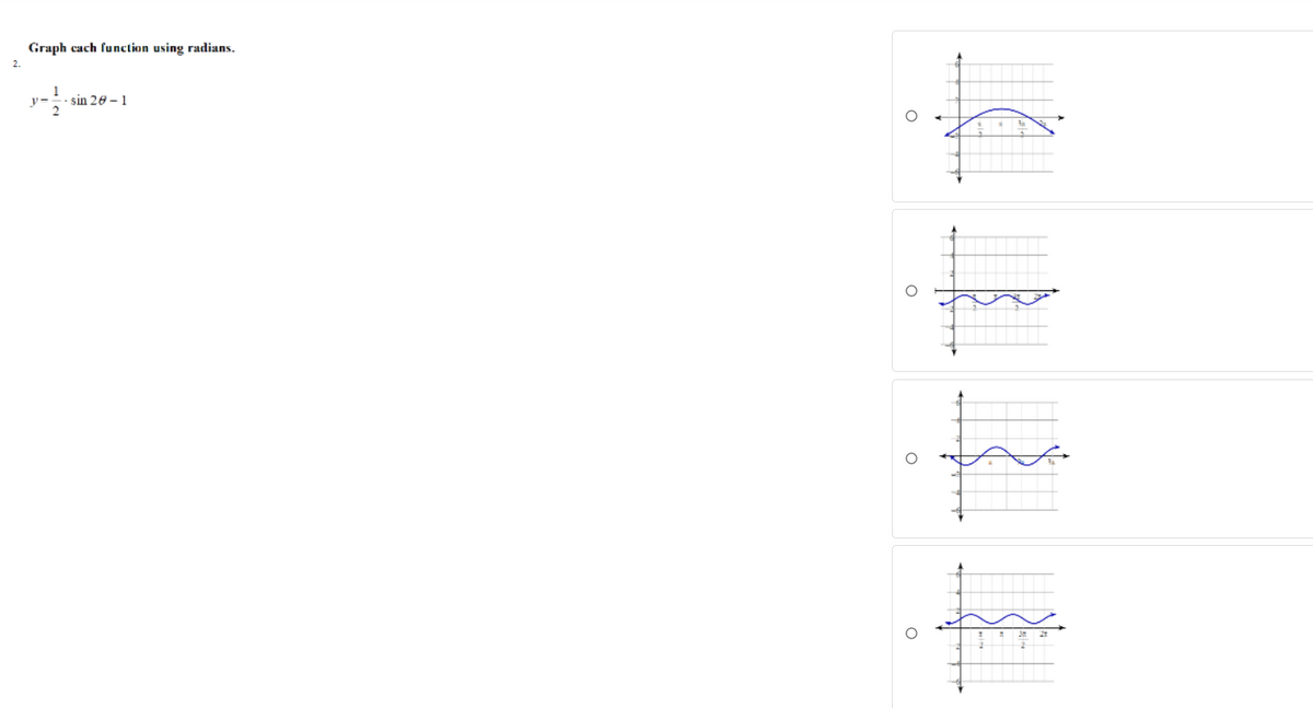 Graph each function using radians.
2.
y- sin 26-1
O
O
C