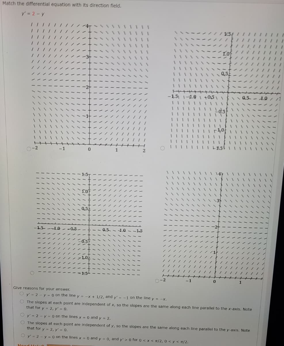 Match the differential equation with its direction field.
y' = 2-y
-4
1.0
Q,5
1.5 1-1.0 I +0,5\1$ Q5
1.0
O-2
1.0
0,5
-1,5- -1.O - -0.5 -
0.5 -1.0 - -15
ニ6.5
1.5-
O-2
Give reasons for your answer.
O y' = 2 - y = 0 on the line y = -x + 1/2, and y' = -1 on the line y = -x.
O The slopes at each point are Independent of x, so the slopes are the same along each line parallel to the x-axis. Note
that for y = 2, y' = 0.
O y' = 2 - y = 0 on the lines x = 0 and y = 2
O The slopes at each point are Independent of y, so the slopes are the same along each line parallel to the y-axis. Note
that for y = 2, y' = 0.
O y' = 2 - y = 0 on the lines x = 0 and y = 0, and y' > 0 for o < x < n/2, 0 <y < T/2.
Nood Hel
++++o
I/// /
