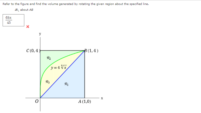 Refer to the figure and find the volume generated by rotating the given region about the specified line.
R, about AB
68r
45
C (0, 4)
B(1,4)
R2
y=4 Vx,
R1
А (1,0)
