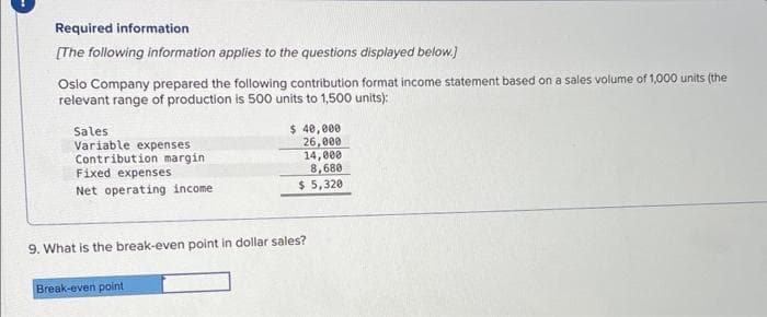 Required information
[The following information applies to the questions displayed below.]
Oslo Company prepared the following contribution format income statement based on a sales volume of 1,000 units (the
relevant range of production is 500 units to 1,500 units):
Sales
Variable expenses
Contribution margin
Fixed expenses
Net operating income
$ 40,000
26,000
14,000
8,680
$5,320
9. What is the break-even point in dollar sales?
Break-even point