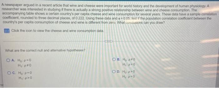 A newspaper argued in a recent article that wine and cheese were important for world history and the development of human physiology. A
researcher was interested in studying if there is actually a strong positive relationship between wine and cheese consumption. The
accompanying table shows a certain country's per capita cheese and wine consumption for several years. These data have a sample correlation
coefficient, rounded to three decimal places, of 0.222. Using these data and a = 0.05, test if the population correlation coefficient between the
country's per capita consumption of cheese and wine is different from zero. What conclusions can you draw?
Click the icon to view the cheese and wine consumption data.
ce
What are the correct null and alternative hypotheses?
OA. Ho: p=0
H₁: p#0
OC. Ho: p=0
H₁: p>0
OB. Ho: p=0
H₁: p=0
O D. Ho p>0
H₁: p=0