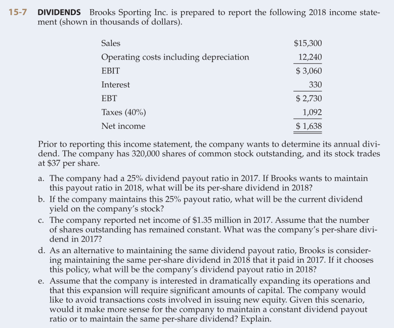 15-7 DIVIDENDS Brooks Sporting Inc. is prepared to report the following 2018 income state-
ment (shown in thousands of dollars).
Sales
$15,300
Operating costs including depreciation
12,240
EBIT
$ 3,060
Interest
330
EBT
$ 2,730
1,092
Taxes (40%)
Net income
$ 1,638
Prior to reporting this income statement, the company wants to determine its annual divi-
dend. The company has 320,000 shares of common stock outstanding, and its stock trades
at $37 per share.
a. The company had a 25% dividend payout ratio in 2017. If Brooks wants to maintain
this payout ratio in 2018, what will be its per-share dividend in 2018?
b. If the company maintains this 25% payout ratio, what will be the current dividend
yield on the company's stock?
c. The company reported net income of $1.35 million in 2017. Assume that the number
of shares outstanding has remained constant. What was the company's per-share divi-
dend in 2017?
d. As an alternative to maintaining the same dividend payout ratio, Brooks is consider-
ing maintaining the same per-share dividend in 2018 that it paid in 2017. If it chooses
this policy, what will be the company's dividend payout ratio in 2018?
e. Assume that the company is interested in dramatically expanding its operations and
that this expansion will require significant amounts of capital. The company would
like to avoid transactions costs involved in issuing new equity. Given this scenario,
would it make more sense for the company to maintain a constant dividend payout
ratio or to maintain the same per-share dividend? Explain.