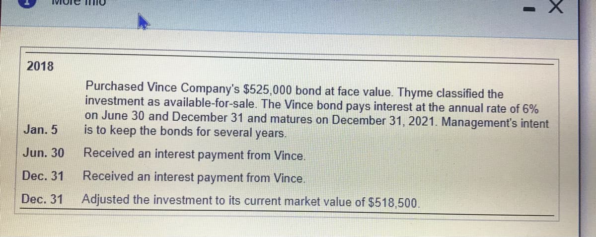 2018
Purchased Vince Company's $525,000 bond at face value. Thyme classified the
investment as available-for-sale. The Vince bond pays interest at the annual rate of 6%
on June 30 and December 31 and matures on December 31, 2021. Management's intent
is to keep the bonds for several years.
Jan. 5
Jun. 30
Received an interest payment from Vince.
Dec. 31
Received an interest payment from Vince.
Dec. 31
Adjusted the investment to its current market value of $518,500.
