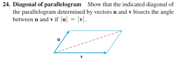 24. Diagonal of parallelogram Show that the indicated diagonal of
the parallelogram determined by vectors u and v bisects the angle
between u and v if |u| = |v|.
%3D
