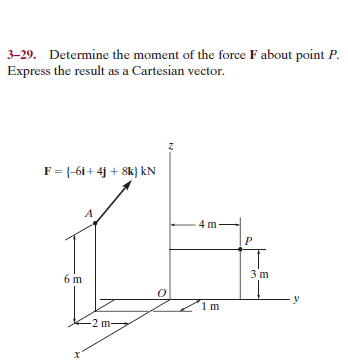 3-29. Determine the moment of the force F about point P.
Express the result as a Cartesian vector.
F= {-61+ 4j + 8k} kN
4 m-
3 m
6 m
1m
-2 m-
х
