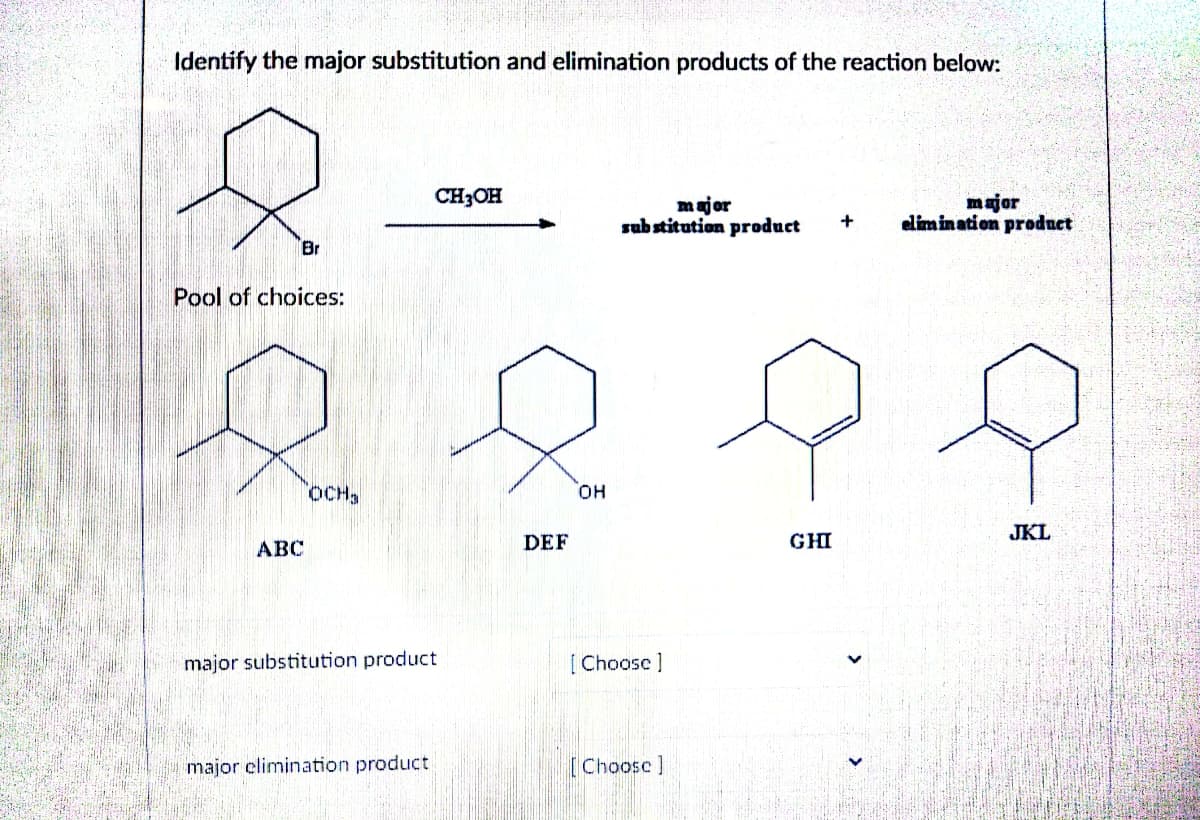 Identify the major substitution and elimination products of the reaction below:
&
Br
Pool of choices:
ABC
OCH,
CH3OH
major substitution product
major elimination product
DEF
OH
major
substitution product +
[Choose ]
[Choose ]
GHI
major
elimination product
JKL