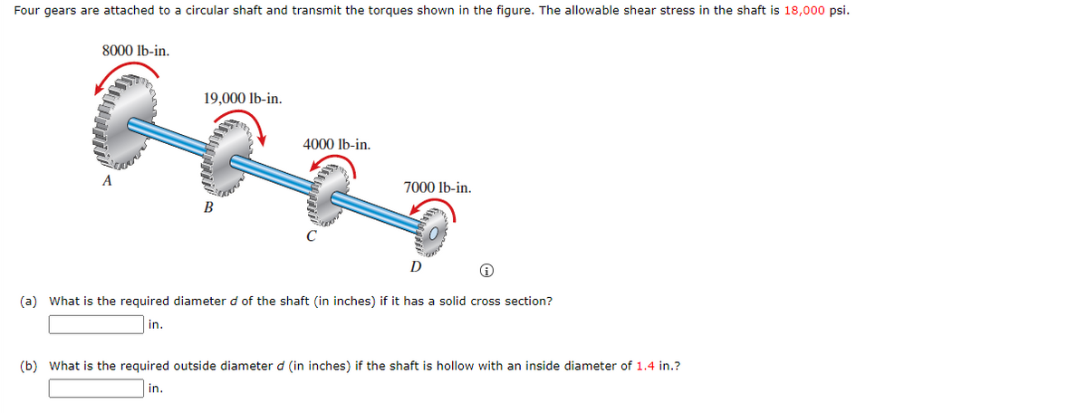 Four gears are attached to a circular shaft and transmit the torgues shown in the figure. The allowable shear stress in the shaft is 18,000 psi.
8000 lb-in.
19,000 lb-in.
4000 lb-in.
A
7000 lb-in.
B
D
(a) What is the required diameter d of the shaft (in inches) if it has a solid cross section?
in.
(b) What is the required outside diameter d (in inches) if the shaft is hollow with an inside diameter of 1.4 in.?
in.
