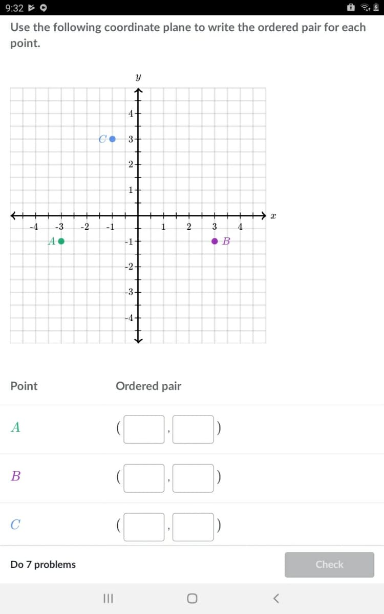 9:32 O
Use the following coordinate plane to write the ordered pair for each
point.
个
4-
3-
2-
1-
++> x
4
-4
-3
-2
-1
1
3
-1-
• B
-2-
-3-
-4-
Point
Ordered pair
A
В
C
Do 7 problems
Check
II
