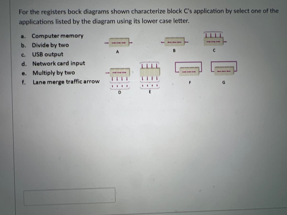 For the registers bock diagrams shown characterize block C's application by select one of the
applications listed by the diagram using its lower case letter.
a. Computer memory
b. Divide by two
C.
USB output
d. Network card input
e. Multiply by two
Lane merge traffic arrow
f.
