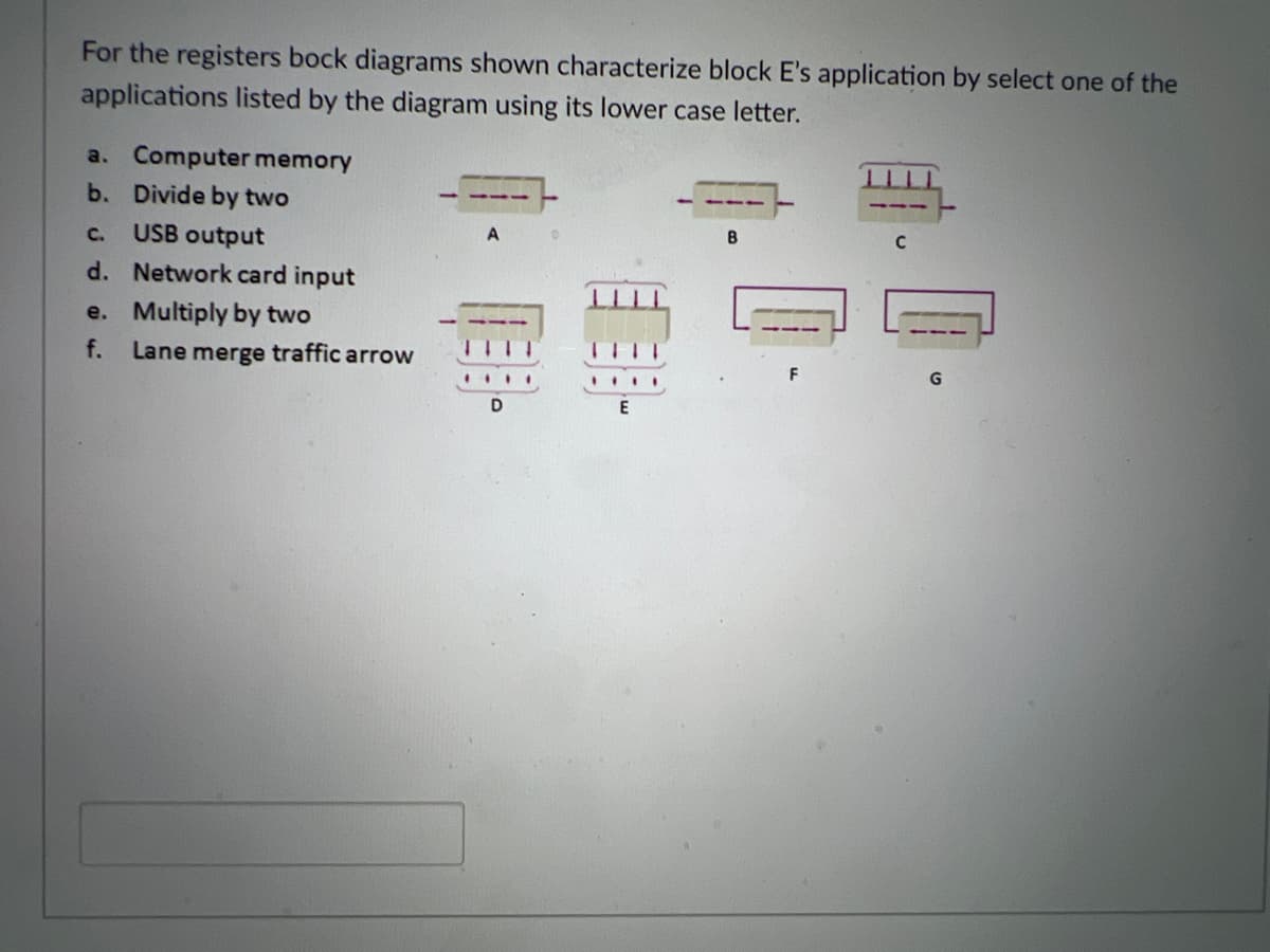 For the registers bock diagrams shown characterize block E's application by select one of the
applications listed by the diagram using its lower case letter.
a. Computer memory
b. Divide by two
USB output
B
A
C.
d. Network card input
e. Multiply by two
f.
Lane merge traffic arrow
G
