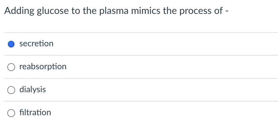 Adding glucose to the plasma mimics the process of -
secretion
O reabsorption
dialysis
filtration
