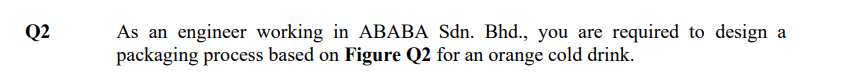 Q2
As an engineer working in ABABA Sdn. Bhd., you are required to design a
packaging process based on Figure Q2 for an orange cold drink.
