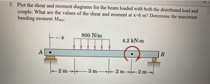 5. Plot the shear and moment diagrams for the beam loaded with both the distributed load and
couple. What are the values of the shear and moment at x-6 m? Determine the maximum
bending moment Mmax.
800 N/m
4.2 kN-m
A
2 m-
3 m
-2 m 2 m-
