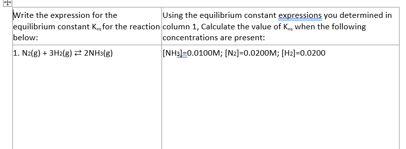 Write the expression for the
Using the equilibrium constant expressions you determined in
equilibrium constant Kg for the reaction column 1, Calculate the value of Keg when the following
below:
concentrations are present:
1. N2(g) + 3H2(g)2 2NH3(g)
[NH3]=0.0100M; [N2]=0.0200M; [H2]=0.0200
