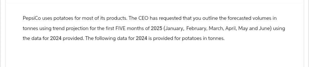 PepsiCo uses potatoes for most of its products. The CEO has requested that you outline the forecasted volumes in
tonnes using trend projection for the first FIVE months of 2025 (January, February, March, April, May and June) using
the data for 2024 provided. The following data for 2024 is provided for potatoes in tonnes.