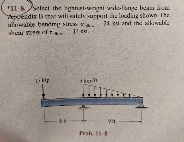 *11-8. Select the lightest-weight wide-flange beam from
Appendix B that will safely support the loading shown. The
allowable bending stress allow = 24 ksi and the allowable
shear stress of Tallow
14 ksi.
=
15 kip
6 ft
5 kip/ft
Prob. 11-8
9 ft-