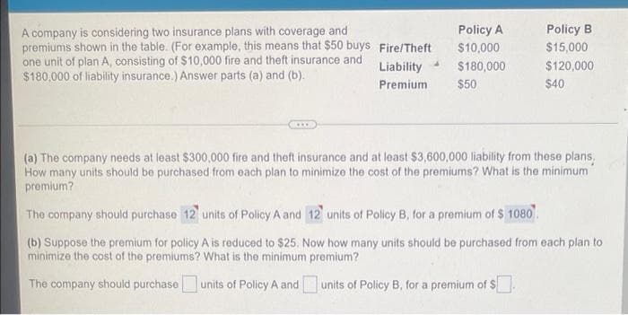 Policy A
Policy B
Fire/Theft
$10,000
$15,000
A company is considering two insurance plans with coverage and
premiums shown in the table. (For example, this means that $50 buys
one unit of plan A, consisting of $10,000 fire and theft insurance and
$180,000 of liability insurance.) Answer parts (a) and (b).
Liability
$180,000
$120,000
Premium
$50
$40
***
(a) The company needs at least $300,000 fire and theft insurance and at least $3,600,000 liability from these plans,
How many units should be purchased from each plan to minimize the cost of the premiums? What is the minimum
premium?
The company should purchase 12 units of Policy A and 12 units of Policy B, for a premium of $ 1080
(b) Suppose the premium for policy A is reduced to $25. Now how many units should be purchased from each plan to
minimize the cost of the premiums? What is the minimum premium?
The company should purchase
units of Policy A and units of Policy B, for a premium of $