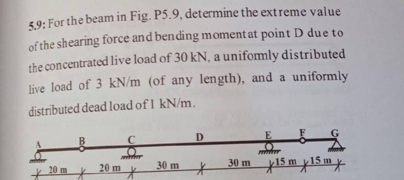 59. For the beam in Fig. P5.9, determine the extreme value
of the shearing force and bending moment at point D due to
the concentrated live load of 30 kN, a unifomly distributed
live load of 3 kN/m (of any length), and a uniformly
distributed dead load of 1 kN/m.
F
20 m ¥
30 m
30 m 15 m y15 m*
20 m
