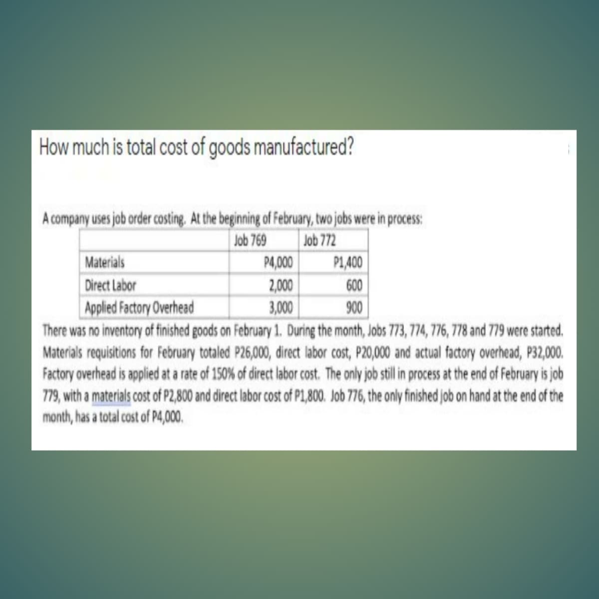How much is total cost of goods manufactured?
A company uses job order costing. At the beginning of February, two jobs were in process:
Job 769
Job 772
Materials
P4,000
P1,400
2,000
3,000
Direct Labor
600
Applied Factory Overhead
There was no inventory of finished goods on February 1. During the month, Jobs 773,774, 776, 778 and 779 were started.
Materials requistions for February totaled P26,000, direct labor cost, P20,000 and actual factory overhead, P32,00.
Factory overhead is applied at a rate of 150% of direct labor cost. The only job stil in process at the end of February i job
79, with a materials cost of P2,800 and direct labor cost of P1,800. Job 776, the only finished job on hand at the end of the
month, has a total cost of P4,000.
900
