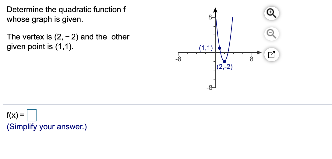 Determine the quadratic function f
whose graph is given.
The vertex is (2, – 2) and the other
given point is (1,1).
(1,1)
(2,-2)
f(x) =
(Simplify your answer.)
