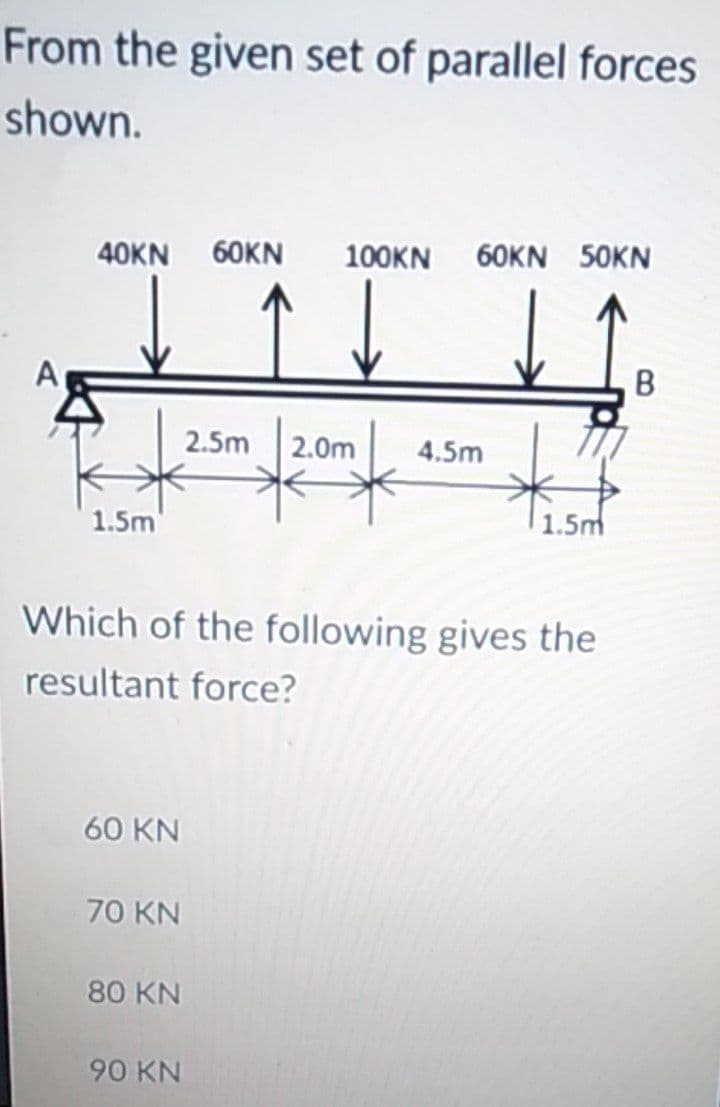 From the given set of parallel forces
shown.
40KN
60KN
100KN
60KN 50KN
B
2.5m
2.0m
4.5m
1.5m
1.5m
Which of the following gives the
resultant force?
60 KN
70 KN
80 KN
90 KN
