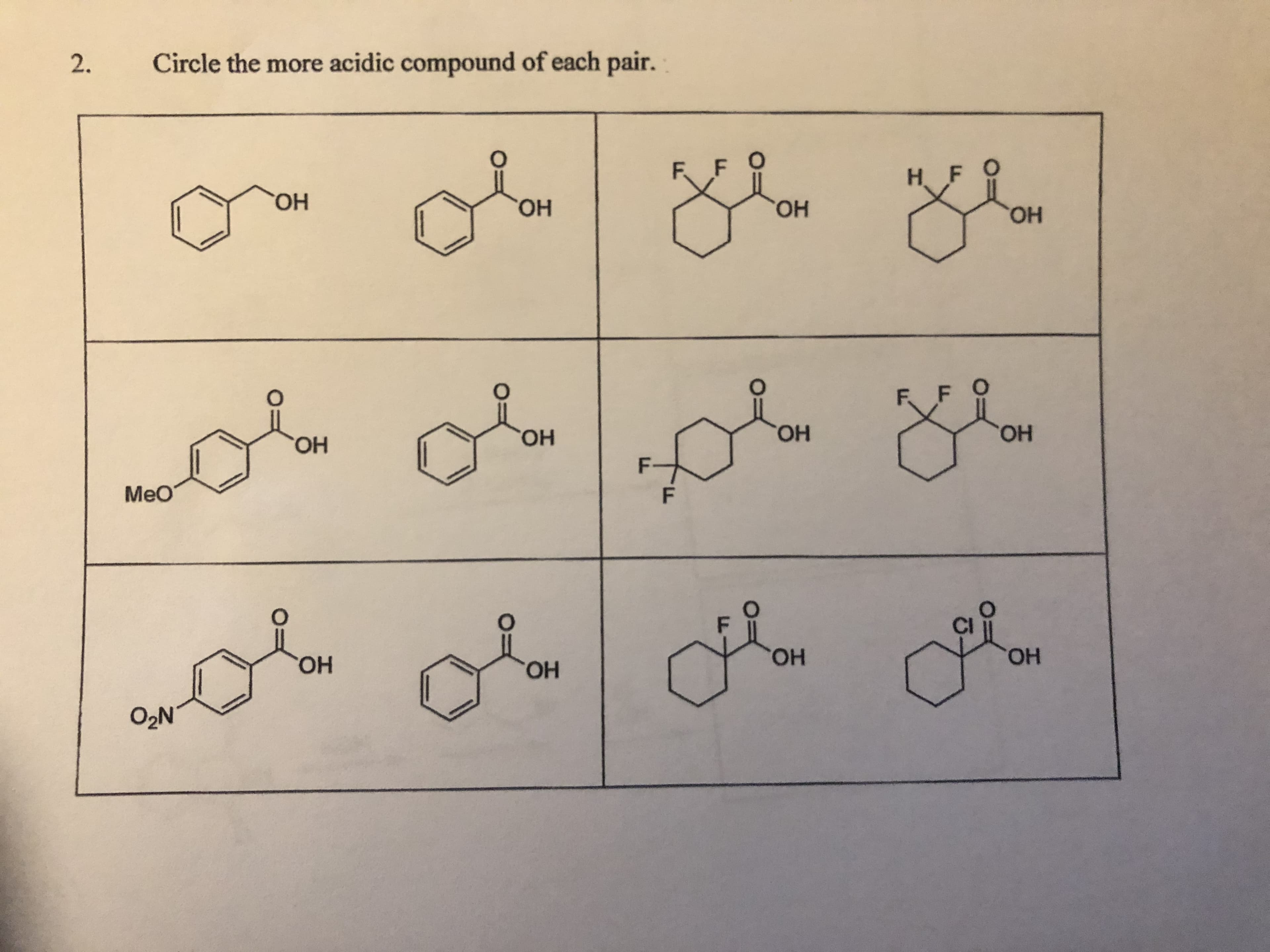 2.
Circle the more acidic compound of each pair.
Н.
Но.
"ОН
ГОН
HO,
HO,
ОН
ОН
ОН
MeO
Он
Он
ОН
но,
O2N
