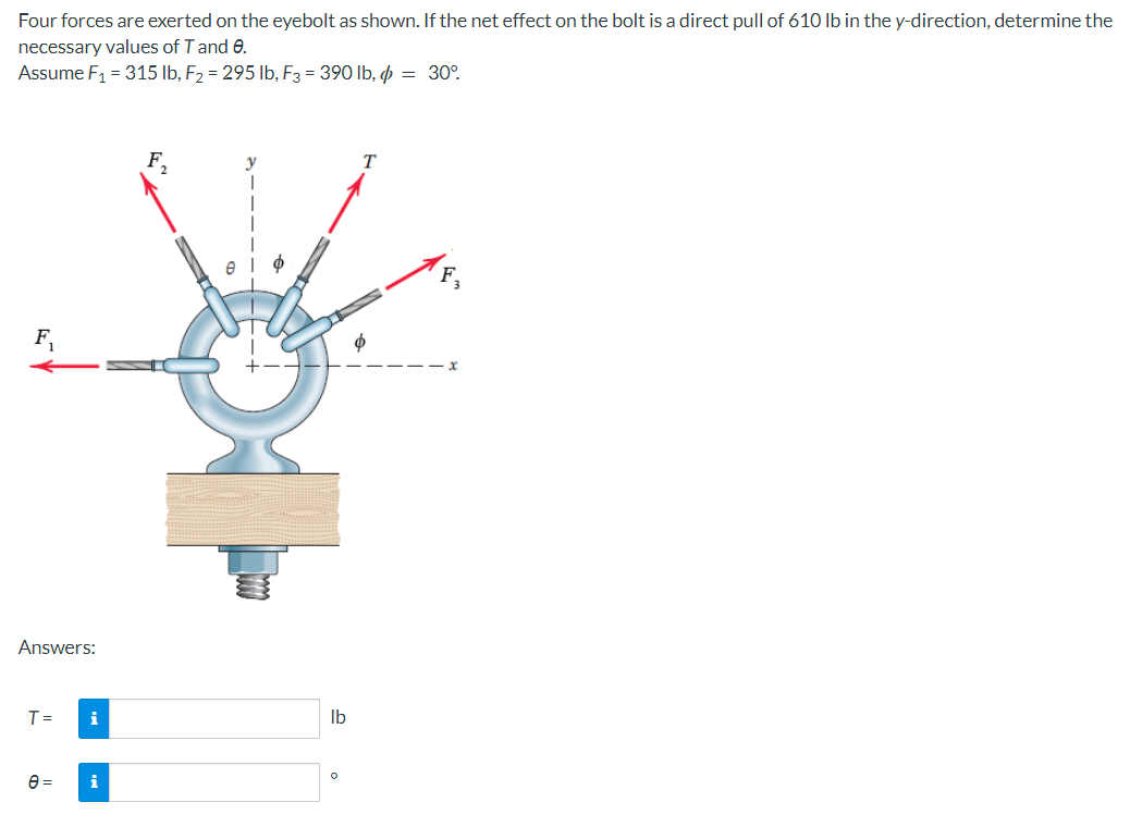 Four forces are exerted on the eyebolt as shown. If the net effect on the bolt is a direct pull of 610 lb in the y-direction, determine the
necessary values of T and e.
Assume F₁ = 315 lb, F₂ = 295 lb, F3 = 390 lb, d = 30°
F₁
Answers:
T =
e=
i
i
lb
O
T
Ф