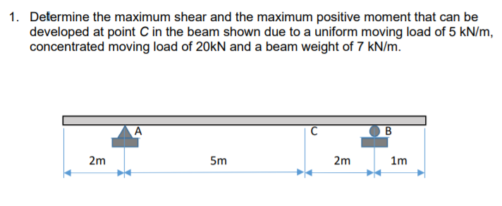 1. Determine the maximum shear and the maximum positive moment that can be
developed at point C in the beam shown due to a uniform moving load of 5 kN/m,
concentrated moving load of 20kN and a beam weight of 7 kN/m.
2m
5m
2m
1m
