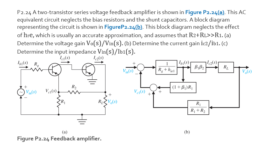 P2.24 A two-transistor series voltage feedback amplifier is shown in Figure P2.24(a). This AC
equivalent circuit neglects the bias resistors and the shunt capacitors. A block diagram
representing the circuit is shown in FigureP2.24(b). This block diagram neglects the effect
of hre, which is usually an accurate approximation, and assumes that R2+RL>>R1. (a)
Determine the voltage gain Vo(s)/Vin(s). (b) Determine the current gain ic2/ib1. (c)
Determine the input impedance Vin(s)/Ib1(s).
I(s) Rg
| 'b1(s)
l2(s)
Biß2
RL
Vin(s)
R+hjel
V(s)
8.
R2
(1+Bj)R|
Vin(8)
V1(s)
Vej(s)
+
RV(s)
R1
R¡ +R2
(a)
(b)
Figure P2.24 Feedback amplifier.
