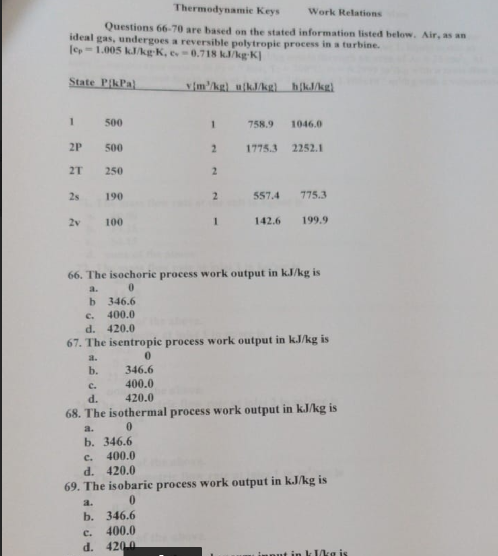 Thermodynamic Keys
Work Relations
Questions 66-70 are based on the stated information listed below. Air, as an
ideal gas, undergoes a reversible polytropic process in a turbine.
(Cp=1.005 kJ/kg-K, e 0.718 k.J/kg-K]
State P{kPa}
v{m'/kg) ufkJ/kg.
h(kJ/kg)
1
500
1.
758.9
1046.0
2P
500
2.
1775.3
2252.1
2T
250
2
2s
190
2.
557.4
775.3
2v
100
1
142.6
199.9
66. The isochoric process work output in kJ/kg is
a.
0.
346.6
c.
400.0
d.
420.0
67. The isentropic process work output in kJ/kg is
a.
b.
346.6
с.
400.0
d.
420.0
68. The isothermal process work output in kJ/kg is
a.
0.
b. 346.6
c. 400.0
d. 420.0
69. The isobaric process work output in kJ/kg is
a.
b. 346.6
400.0
с.
d. 420 0
in k kg is
