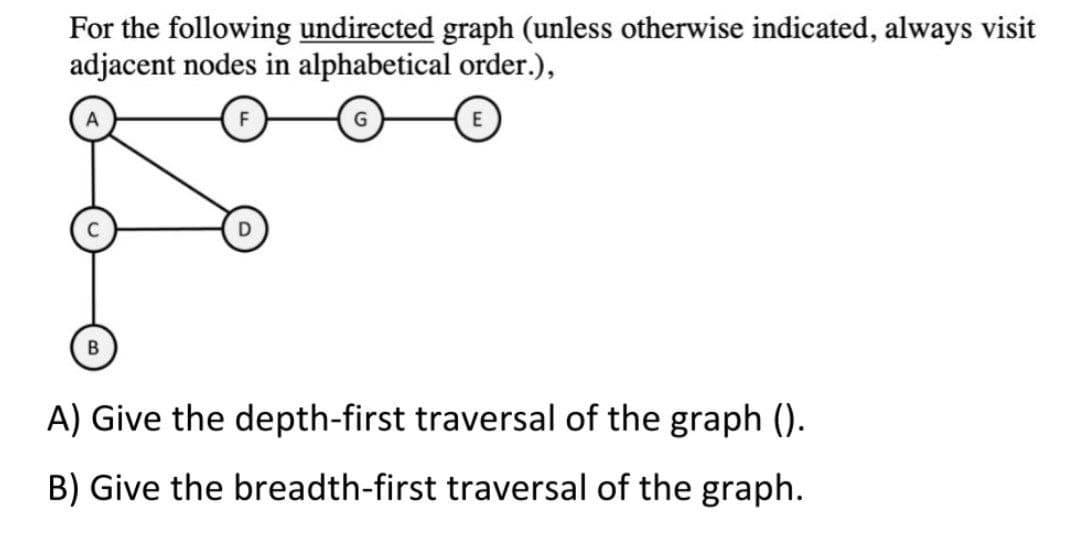 For the following undirected graph (unless otherwise indicated, always visit
adjacent nodes in alphabetical order.),
A) Give the depth-first traversal of the graph ().
B) Give the breadth-first traversal of the graph.
