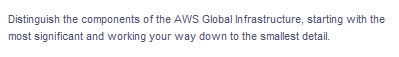 Distinguish the components of the AWS Global Infrastructure, starting with the
most significant and working your way down to the smallest detail.
