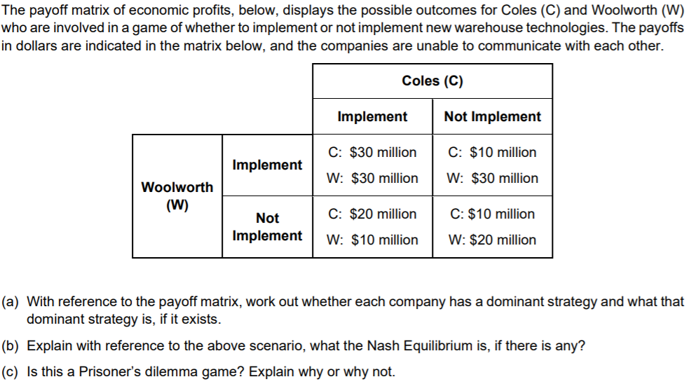 The payoff matrix of economic profits, below, displays the possible outcomes for Coles (C) and Woolworth (W)
who are involved in a game of whether to implement or not implement new warehouse technologies. The payoffs
in dollars are indicated in the matrix below, and the companies are unable to communicate with each other.
Coles (C)
Implement
Not Implement
C: $30 million
C: $10 million
Implement
W: $30 million
W: $30 million
Woolworth
(W)
C: $20 million
C: $10 million
Not
Implement
W: $10 million
W: $20 million
(a) With reference to the payoff matrix, work out whether each company has a dominant strategy and what that
dominant strategy is, if it exists.
(b) Explain with reference to the above scenario, what the Nash Equilibrium is, if there is any?
(c) Is this a Prisoner's dilemma game? Explain why or why not.
