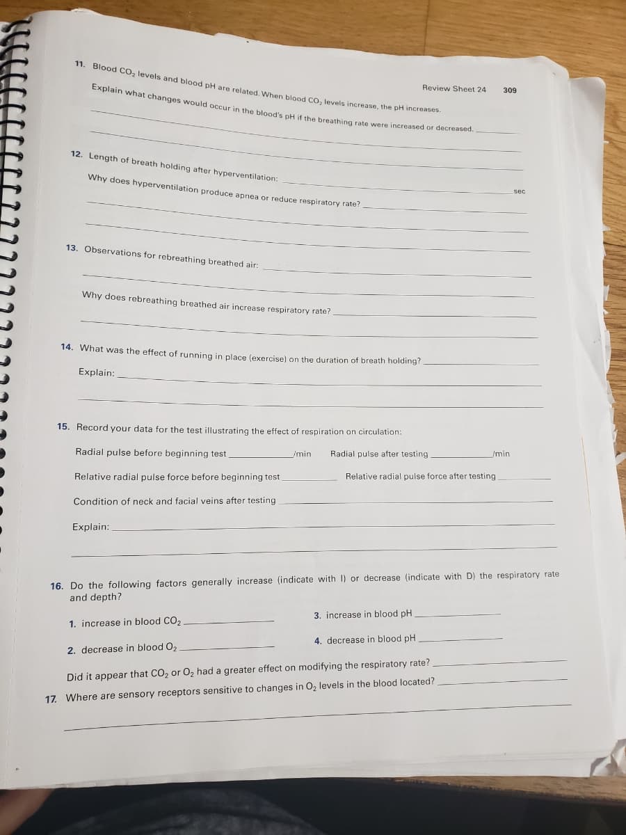 11. Blood CO₂ levels and blood pH are related. When blood CO₂ levels increase, the pH increases.
Explain what changes would occur in the blood's pH if the breathing rate were increased or decreased.
12. Length of breath holding after hyperventilation:
Why does hyperventilation produce apnea or reduce respiratory rate?
13. Observations for rebreathing breathed air:
Why does rebreathing breathed air increase respiratory rate?
14. What was the effect of running in place (exercise) on the duration of breath holding?
Explain:
15. Record your data for the test illustrating the effect of respiration on circulation:
Radial pulse before beginning test.
Radial pulse after testing
Relative radial pulse force before beginning test.
Condition of neck and facial veins after testing
Explain:
Review Sheet 24
/min
Relative radial pulse force after testing
309
/min
3. increase in blood pH.
4. decrease in blood pH.
Did it appear that CO₂ or O₂ had a greater effect on modifying the respiratory rate?
17. Where are sensory receptors sensitive to changes in O₂ levels in the blood located?
sec
16. Do the following factors generally increase (indicate with I) or decrease (indicate with D) the respiratory rate
and depth?
1. increase in blood CO₂
2. decrease in blood O₂