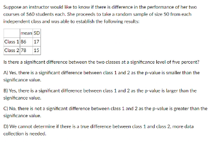 Suppose an instructor would like to know if there is difference in the performance of her two
courses of 560 students each. She proceeds to take a random sample of size 50 from each
independent class and was able to establish the following results:
mean SD
Class 186
17
Class 2 78 15
Is there a significant difference between the two classes at a significance level of five percent?
A) Yes, there is a significant difference between class 1 and 2 as the p-value is smaller than the
significance value.
B) Yes, there is a significant difference between class 1 and 2 as the p-value is larger than the
significance value.
C) No, there is not a significant difference between class 1 and 2 as the p-value is greater than the
significance value.
D) We cannot determine if there is a true difference between class 1 and class 2, more data
collection is needed.
