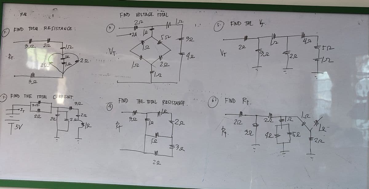 1.
ITAL
FIND TOTAL RESISTANCE:
.RT.
32
IT
T5V
AM
352
212
22
2. FIND THE TOTAL CURRENT.
M₂
252
Lie
Fle
202
MA
=222²2²
32
-252
Ele
3
VT.
....
4.)
FIND VOLTAGE TOTAL
22
MAN
MA
2A 12
552
12
FIND
Isz
32
FL2
2,2
The
THE TOTAL RESISTANCE.
Me
Te
M
202
352
74e
42
+22
$38
11
6
5.
Vr
FIND THE 1.
22
FIND Pt.
Rt.
212
32
fo.
22
22
42
Is
2/2 #12
42 = fre
I
:52
12
14
22