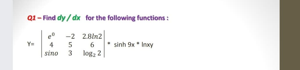 Q1- Find dy / dx for the following functions :
-2
2.8ln2
Y=
4
5
6.
* sinh 9x * Inxy
sino
3
log2 2
