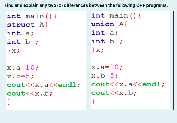 Find and explain any two (2) differences between the following C++ programs.
int main () {
int main () {
struct A{
union A{
int a;
int a;
int b ;
int b ;
}x;
}x;
x.a=10;
x.a=10;
x.b=5;
x.b=5;
cout<<x.a<<endl;
cout<<x.a<<endl;
cout<<x.b;
cout<<x.b;
}
}
