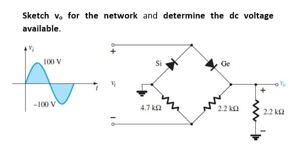Sketch vo for the network and determine the dc voltage
available.
Vi
100 V
Si
Ge
2.2 ΚΩ
-100 V
4.7 ΚΩ
+
2.2 ΚΩ