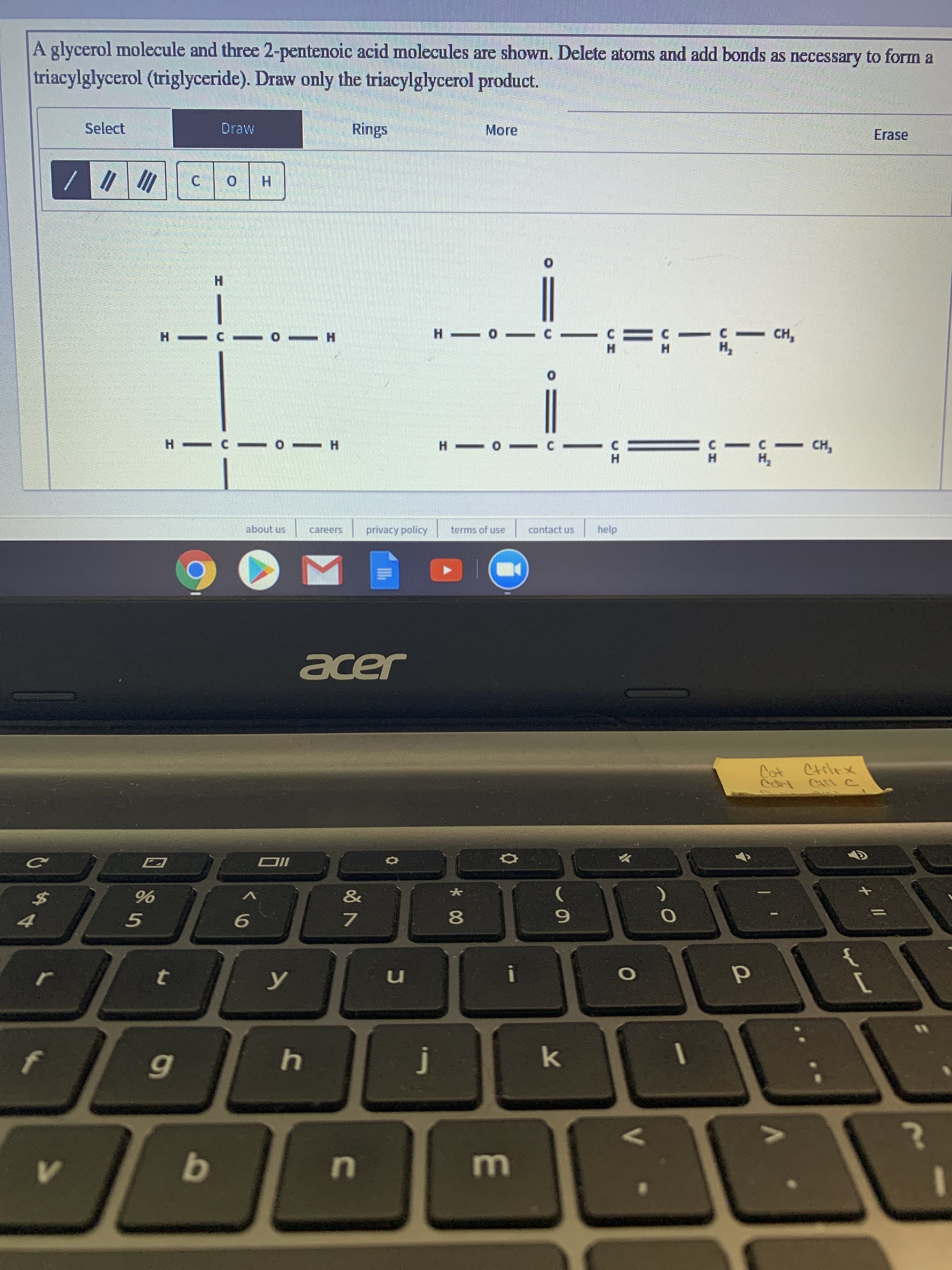 A glycerol molecule and three 2-pentenoic acid molecules are shown. Delete atoms and add bonds as necessary to form a
triacylglycerol (triglyceride). Draw only the triacylglycerol product.
Select
Draw
Rings
More
Erase
Н
H- 0- C
C= C C CH,
H.
H C - 0-- H
сн,
H.
н,
H C 0-H
C CI CH,
Н
н
н,
about us
careers
privacy policy
terms of use
contact us
help
acer
Cot Ctilex
DII
$4
&
4
8.
k
In
to
V>
