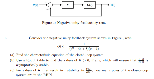 R(s)
K
G(s)
Y(s)
Figure 1: Negative unity feedback system.
1.
Consider the negative unity feedback system shown in Figure , with
1
G(s) =
(s2 + 48 + 8)(s – 1)
(a) Find the characteristic equation of the closed-loop system.
Y(s)
(b) Use a Routh table to find the values of K > 0, if any, which will ensure that
is
asymptotically stable.
(c) For values of K that result in instability in , how many poles of the closed-loop
R(3)
system are in the RHP?
