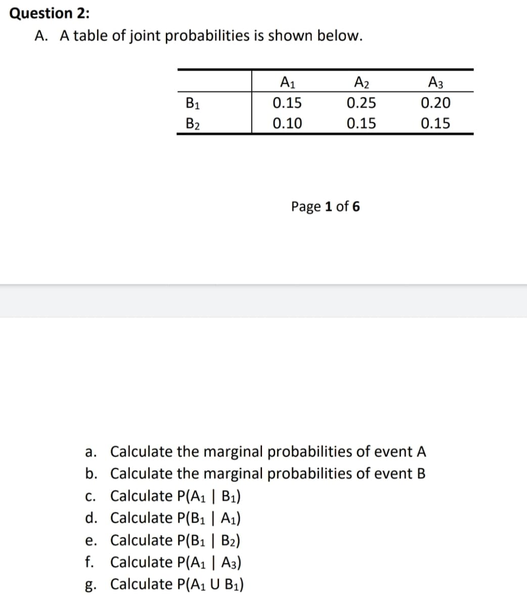 Question 2:
A. A table of joint probabilities is shown below.
A1
A2
Аз
B1
0.15
0.25
0.20
B2
0.10
0.15
0.15
Page 1 of 6
a. Calculate the marginal probabilities of event A
b. Calculate the marginal probabilities of event B
c. Calculate P(A1 | B1)
d. Calculate P(B1 | A1)
e. Calculate P(B1 | B2)
f. Calculate P(A1 | A3)
g. Calculate P(A1 U B1)
