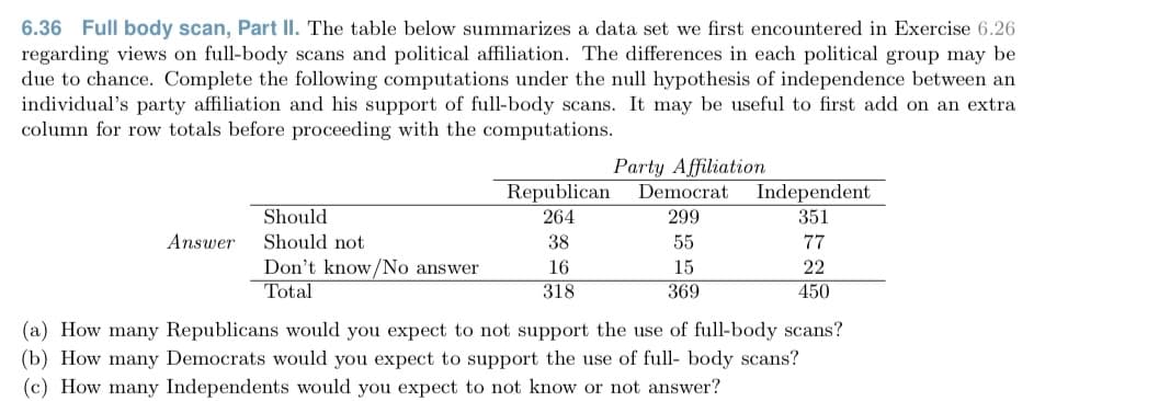 6.36 Full body scan, Part II. The table below summarizes a data set we first encountered in Exercise 6.26
regarding views on full-body scans and political affiliation. The differences in each political group may be
due to chance. Complete the following computations under the null hypothesis of independence between an
individual's party affiliation and his support of full-body scans. It may be useful to first add on an extra
column for row totals before proceeding with the computations.
Party Affiliation
Republican
264
Independent
351
Democrat
Should
299
Answer
Should not
38
55
77
Don't know/No answer
Total
16
15
22
318
369
450
(a) How many Republicans would you expect to not support the use of full-body scans?
(b) How many Democrats would you expect to support the use of full- body scans?
(c) How many Independents would you expect to not know or not answer?
