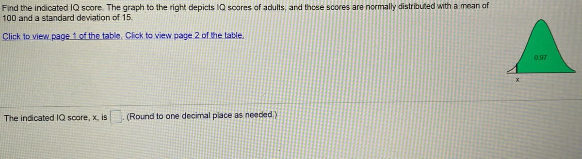 Find the indicated IQ score. The graph to the right depicts IQ scores of adults, and those scores are normally distributed with a mean of
100 and a standard deviation of 15.
Click to view page 1 of the table. Click to view page 2 of the table.
0.97
The indicated IQ score, x, is
(Round to one decimal place as needed.)
