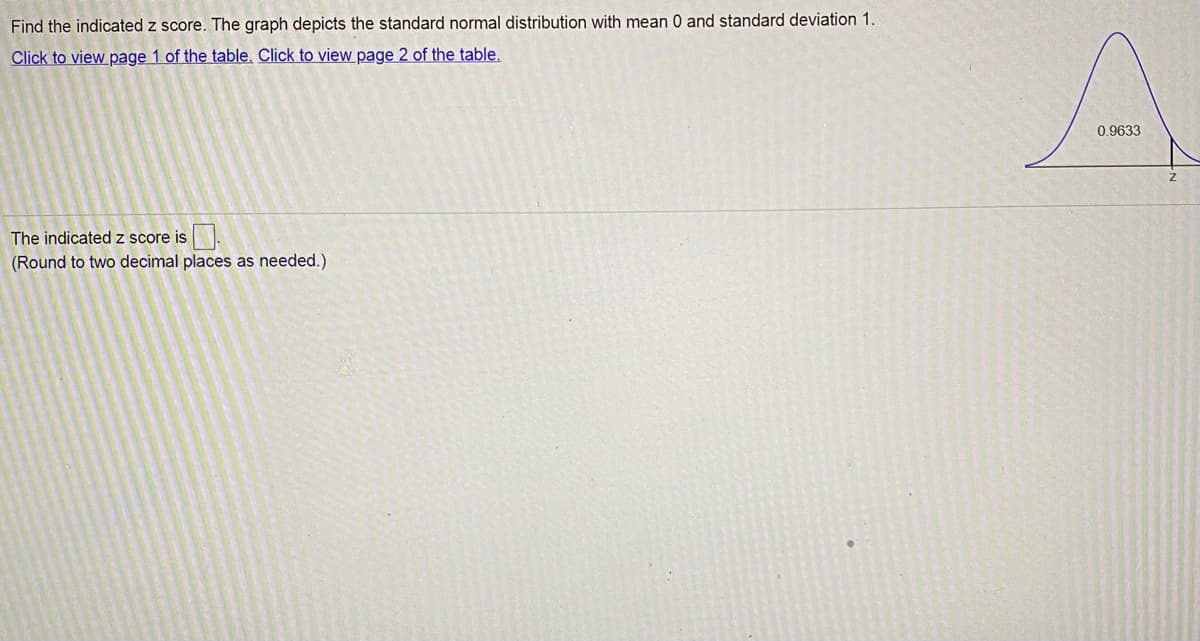 Find the indicated z score. The graph depicts the standard normal distribution with mean 0 and standard deviation 1
Click to view page 1 of the table. Click to view page 2 of the table.
0.9633
The indicated z score is
(Round to two decimal places as needed.)
