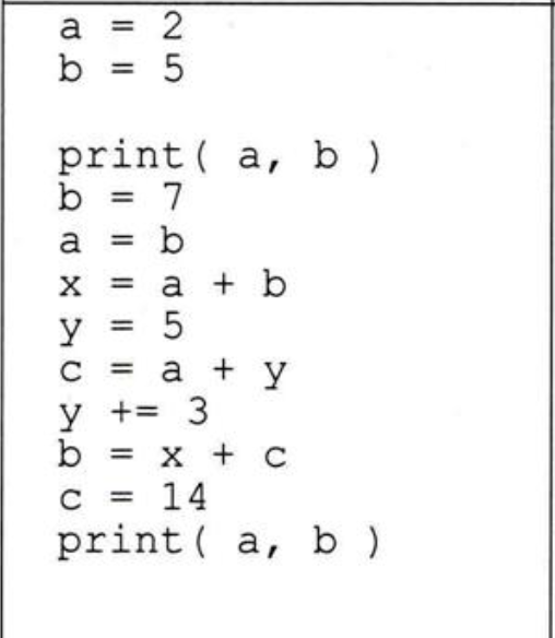 2
b = 5
a
%3D
print ( a, b )
b = 7
b
a
= a + b
5
a + у
y += 3
b = x + C
y
C =
%3D
C = 14
print ( a, b )
I| ||||
