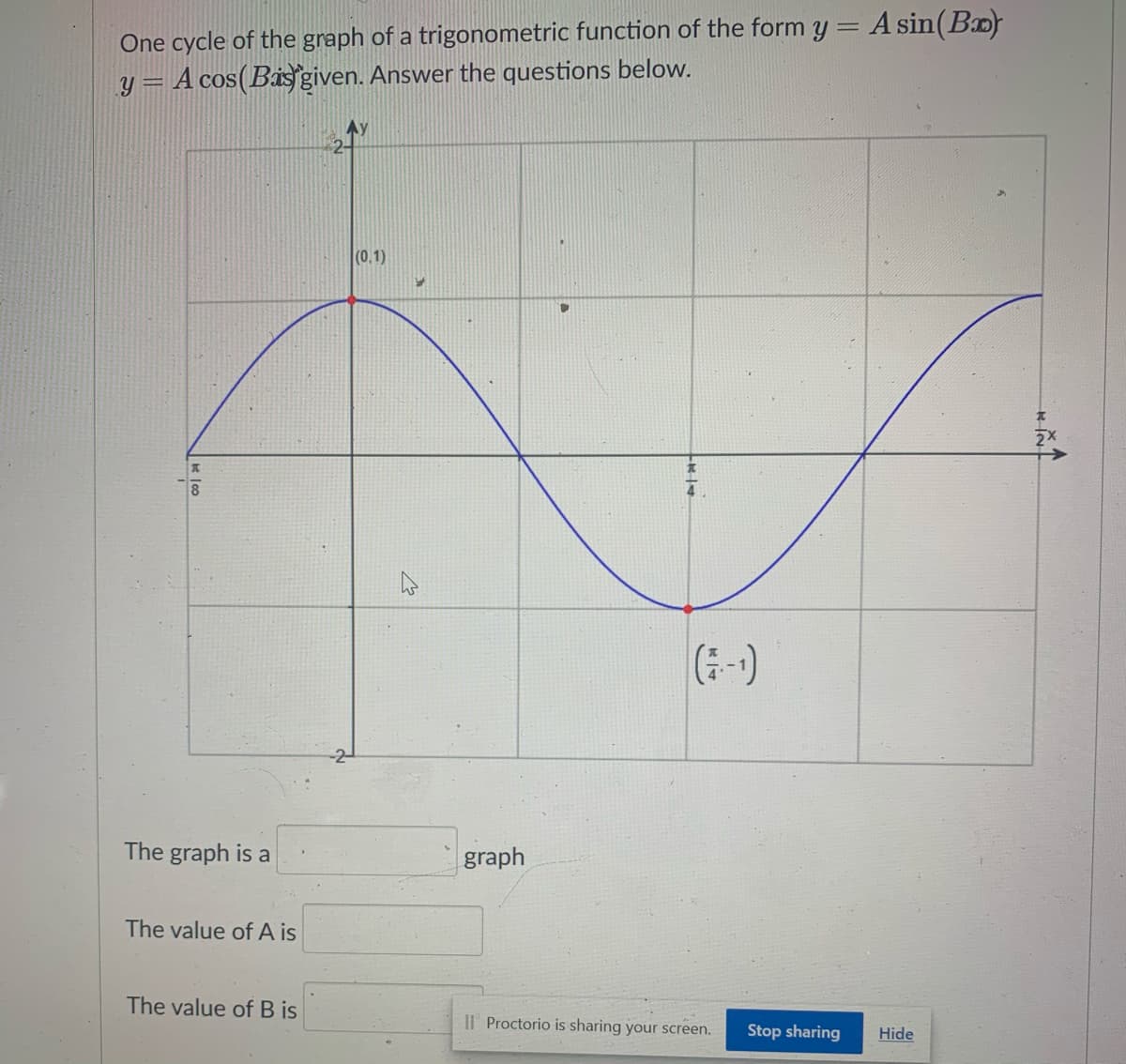 One cycle of the graph of a trigonometric function of the form y = A sin(B
y = A cos(Bis given. Answer the questions below.
(0.1)
(-)
The graph is a
graph
The value of A is
The value ofB is
Il Proctorio is sharing your screen.
Stop sharing
Hide
